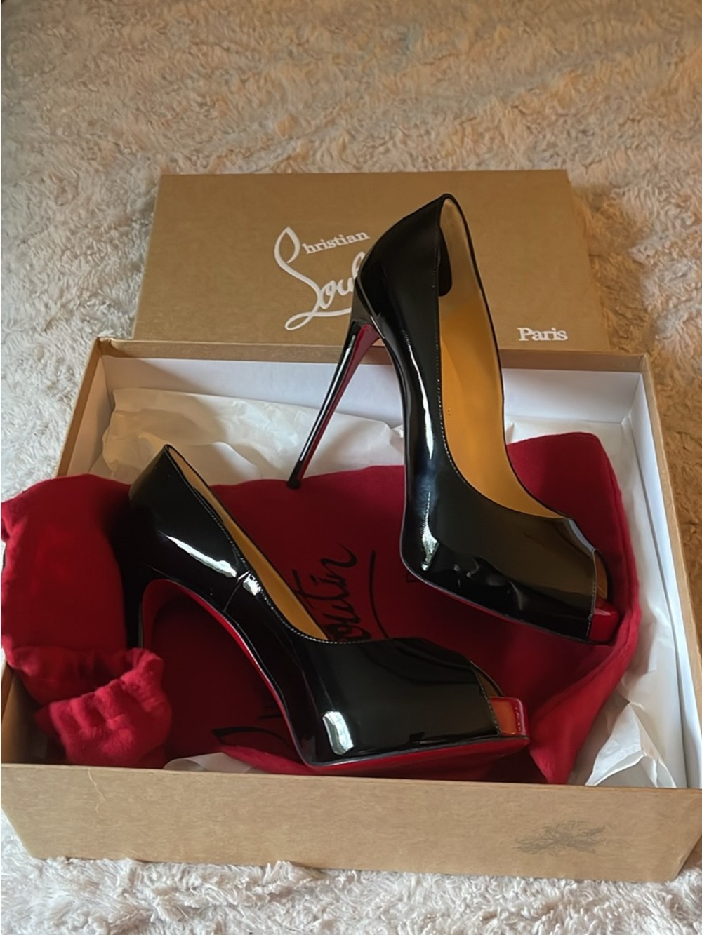 Christian Louboutin Black Patent Peep-Toe Stilettos with Red Soles